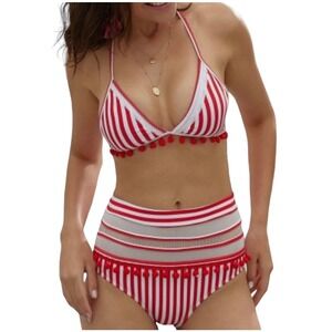 Pom Pom Mesh Insert High Waist Bikini, Red